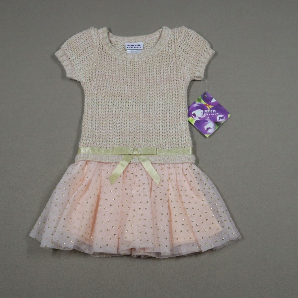 Blueberi Boulevard Baby Girls Sweater and Tulle Skirt Dress - Blush/Gold - 18M